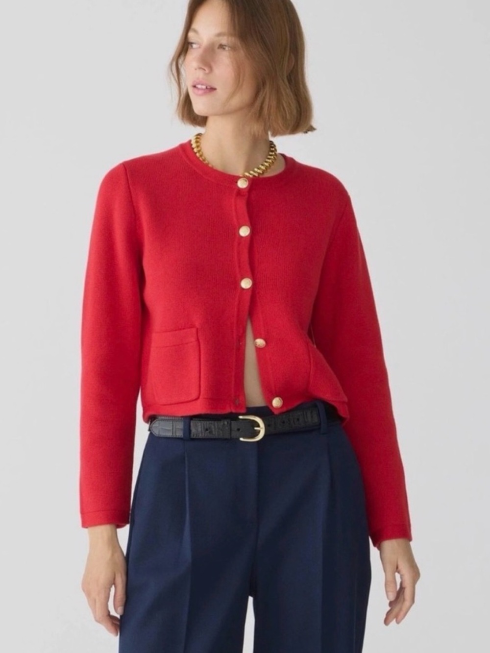 J.Crew Emilie Patch-pocket Sweater Lady Jacket In Red Gold Buttons M Like New